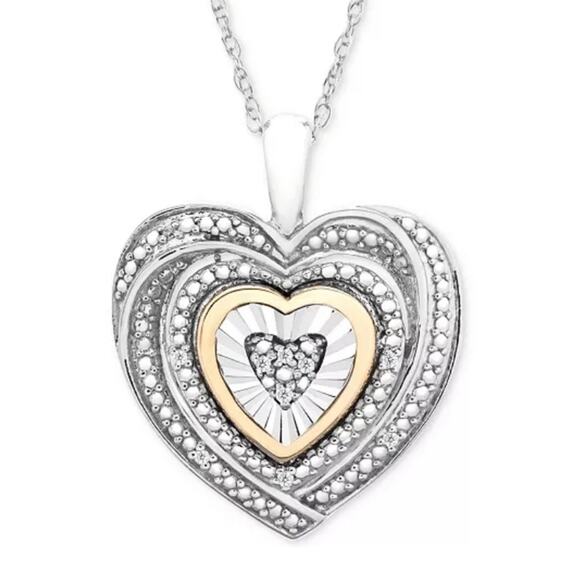 DIAMOND ACCENT HEART NECKLACE TWO-TONE SS & 10K YELLOW GOLD PENDANT 18" CHAIN - Picture 3 of 6